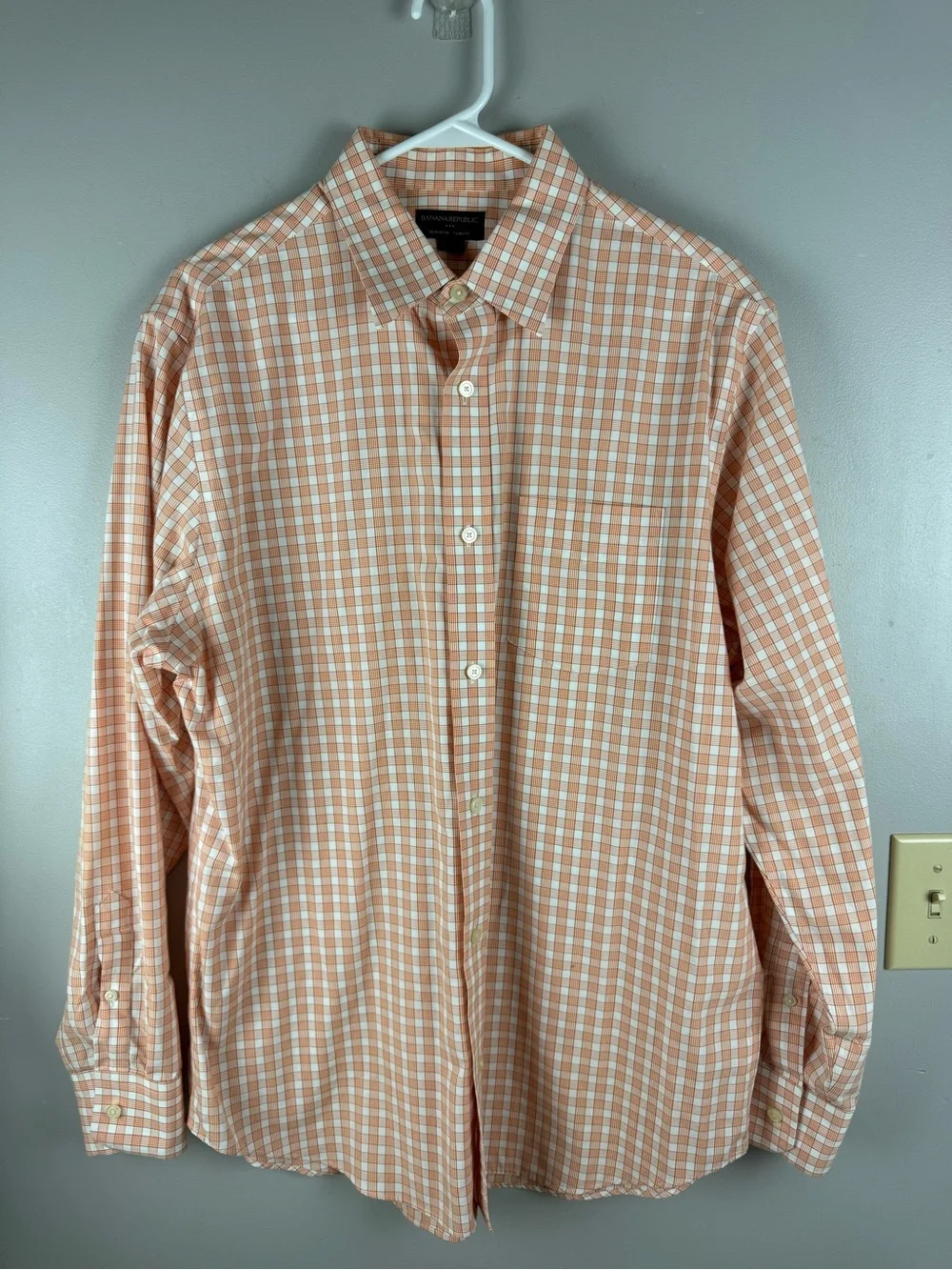 Banana Republic Men’s Orange White Plaid Long Sleeve Button Up Shirt SZ L Preppy